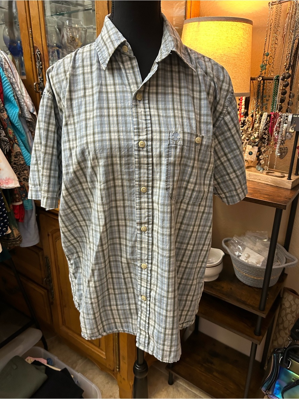 Timberland Men's Short-Sleeve Plaid Button-Down Shirt - Gray & Tan
